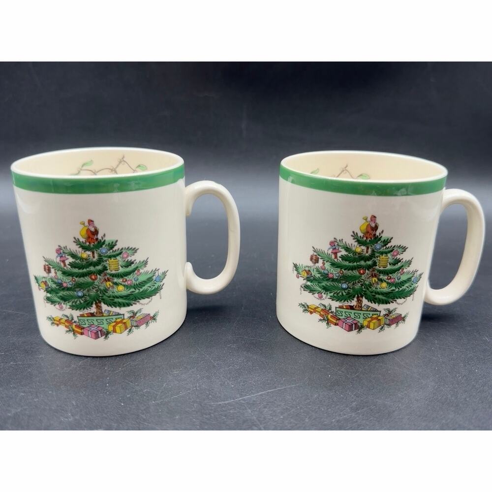 Vintage Spode Christmas Tree Mugs Pair S3324 C England Green Rim Mistletoe